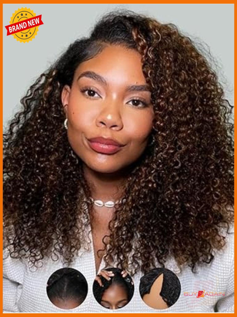 Human Hair V Part Curly Glueless Wig 180% Density 18 Inch